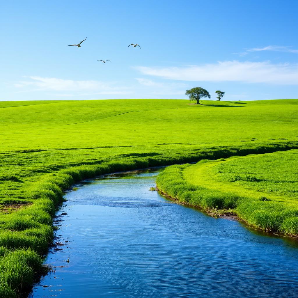 A serene landscape featuring a clear blue sky, lush green fields, and a calm river flowing through the scene