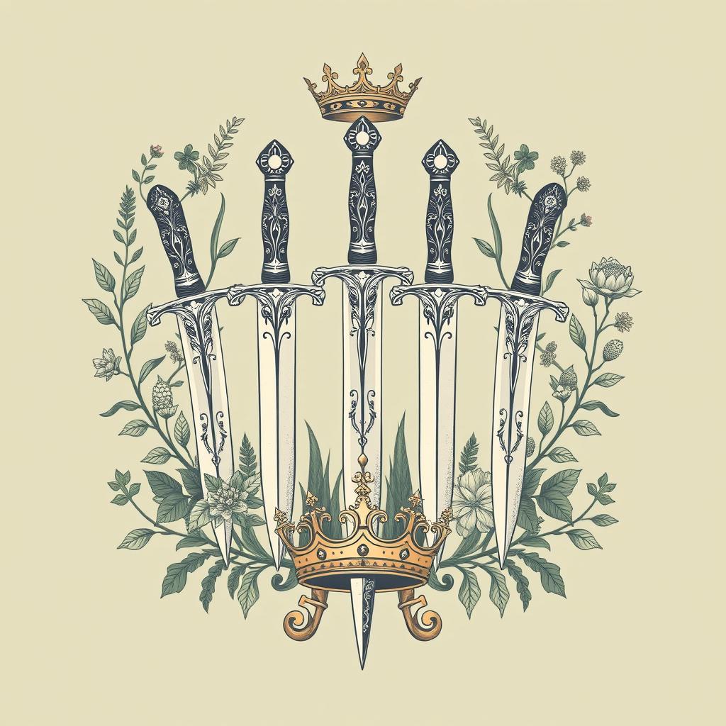 An artistic image featuring a collection of daggers with intricate designs