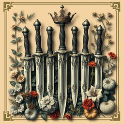 An artistic image featuring a collection of daggers with intricate designs