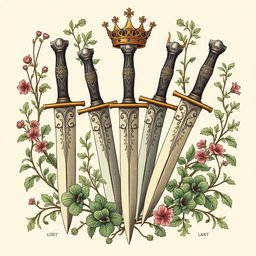 An artistic image featuring a collection of daggers with intricate designs