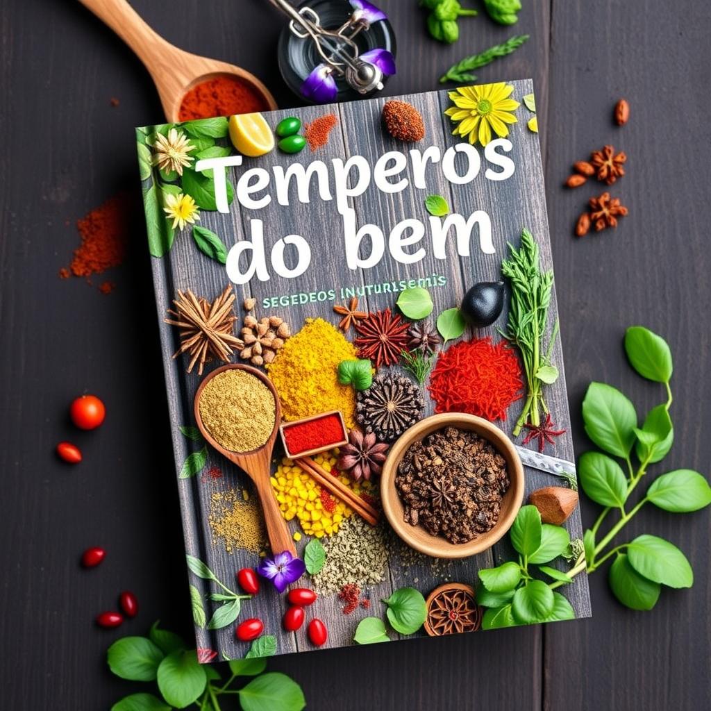 Create a vibrant ebook cover for a book titled 'Temperos do bem: Segredos naturais para mais sabor e saúde'