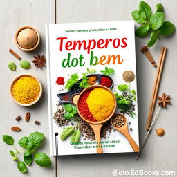 Create a vibrant ebook cover for a book titled 'Temperos do bem: Segredos naturais para mais sabor e saúde'