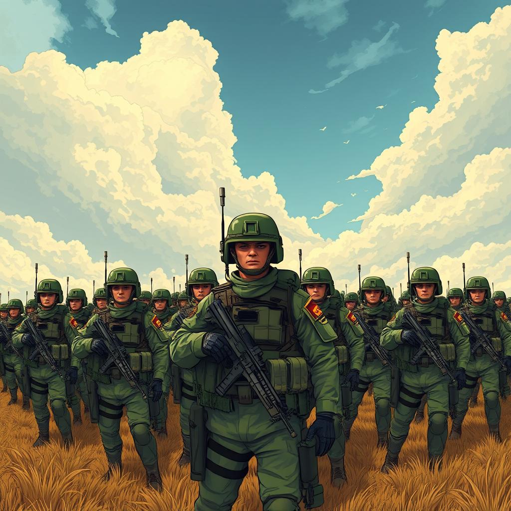 A detailed illustration of an army in formation, equipped with modern military gear, standing in a vast open field with a dramatic sky in the background