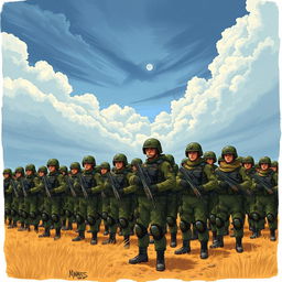 A detailed illustration of an army in formation, equipped with modern military gear, standing in a vast open field with a dramatic sky in the background