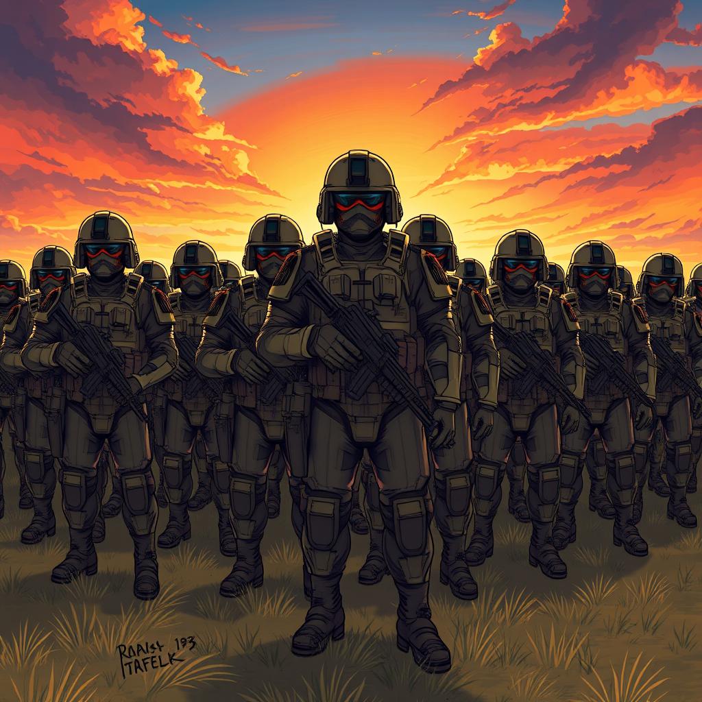 A detailed illustration of an army in formation, equipped with modern military gear, standing in a vast open field with a dramatic sky in the background