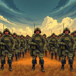 A detailed illustration of an army in formation, equipped with modern military gear, standing in a vast open field with a dramatic sky in the background