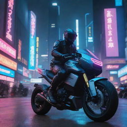 A mysterious figure atop a cyberpunk motorcycle swiftly evading police through neon-lit city streets teeming with futuristic architecture and digital billboards.