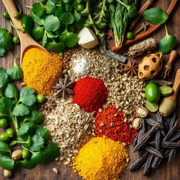 A vibrant and detailed image of various natural seasonings such as fresh herbs, spices, and dried leaves arranged beautifully on a rustic wooden table