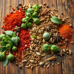 A vibrant and detailed image of various natural seasonings such as fresh herbs, spices, and dried leaves arranged beautifully on a rustic wooden table