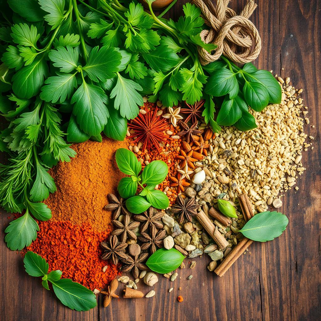 A vibrant and detailed image of various natural seasonings such as fresh herbs, spices, and dried leaves arranged beautifully on a rustic wooden table