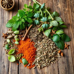 A vibrant and detailed image of various natural seasonings such as fresh herbs, spices, and dried leaves arranged beautifully on a rustic wooden table