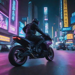 A mysterious figure atop a cyberpunk motorcycle swiftly evading police through neon-lit city streets teeming with futuristic architecture and digital billboards.