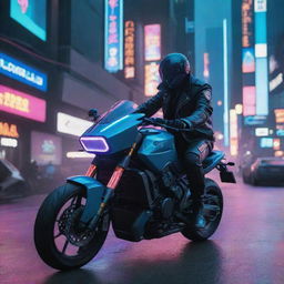 A mysterious figure atop a cyberpunk motorcycle swiftly evading police through neon-lit city streets teeming with futuristic architecture and digital billboards.