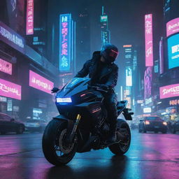 A mysterious figure atop a cyberpunk motorcycle swiftly evading police through neon-lit city streets teeming with futuristic architecture and digital billboards.