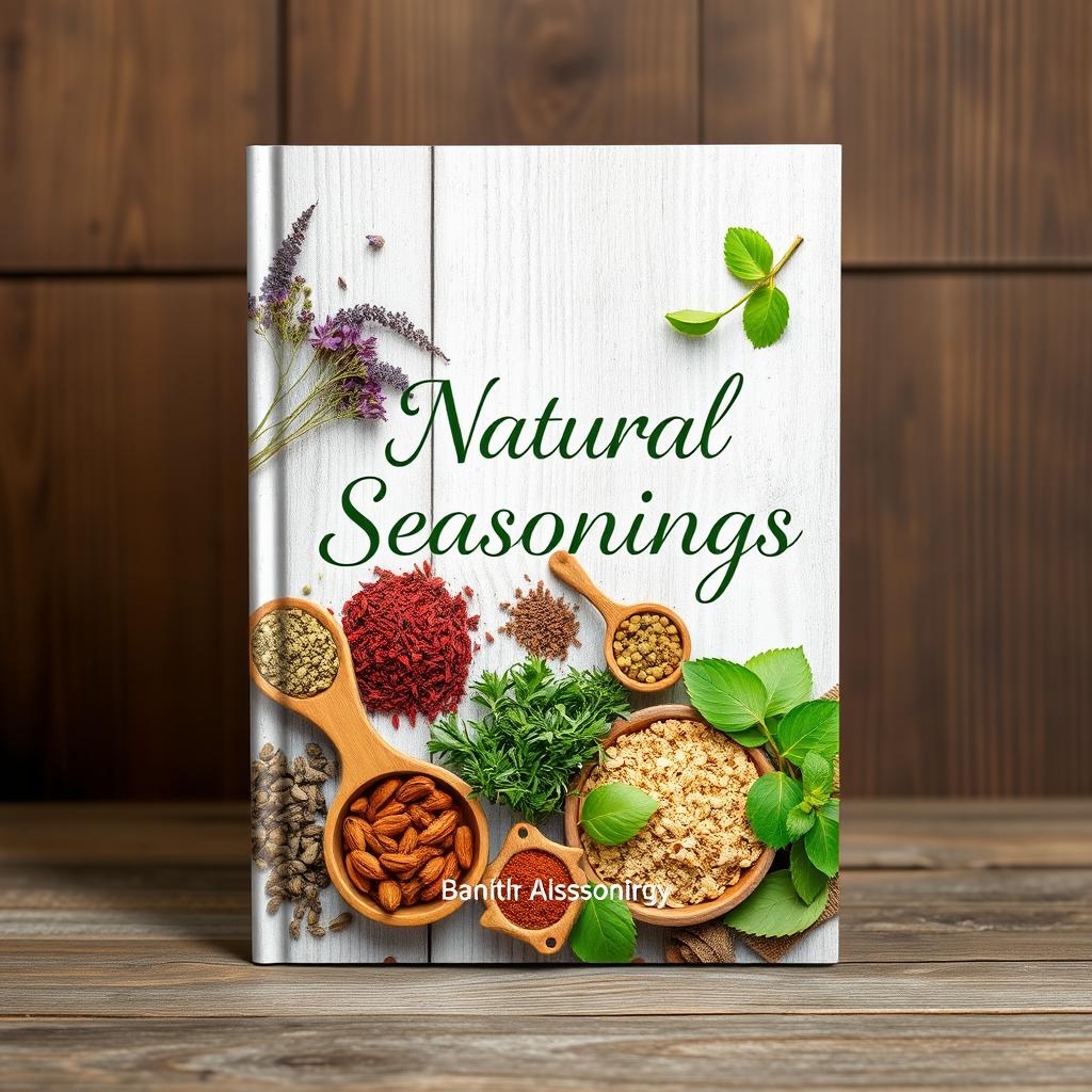 A beautifully designed eBook cover featuring various natural seasonings such as fresh herbs, spices, and dried leaves