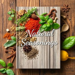 A beautifully designed eBook cover featuring various natural seasonings such as fresh herbs, spices, and dried leaves