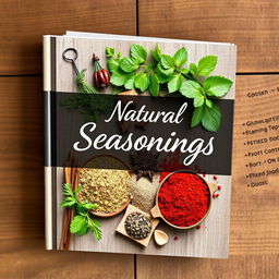 A beautifully designed eBook cover featuring various natural seasonings such as fresh herbs, spices, and dried leaves