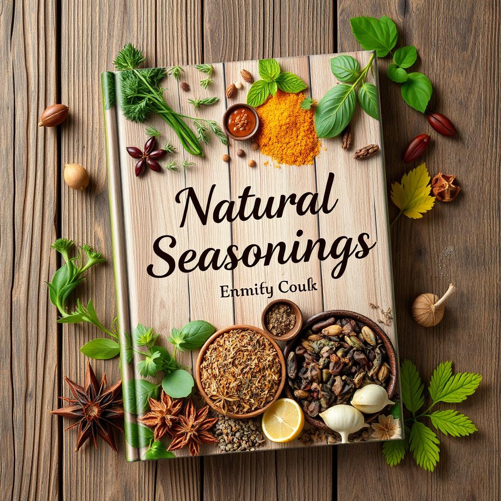 A beautifully designed eBook cover featuring various natural seasonings such as fresh herbs, spices, and dried leaves