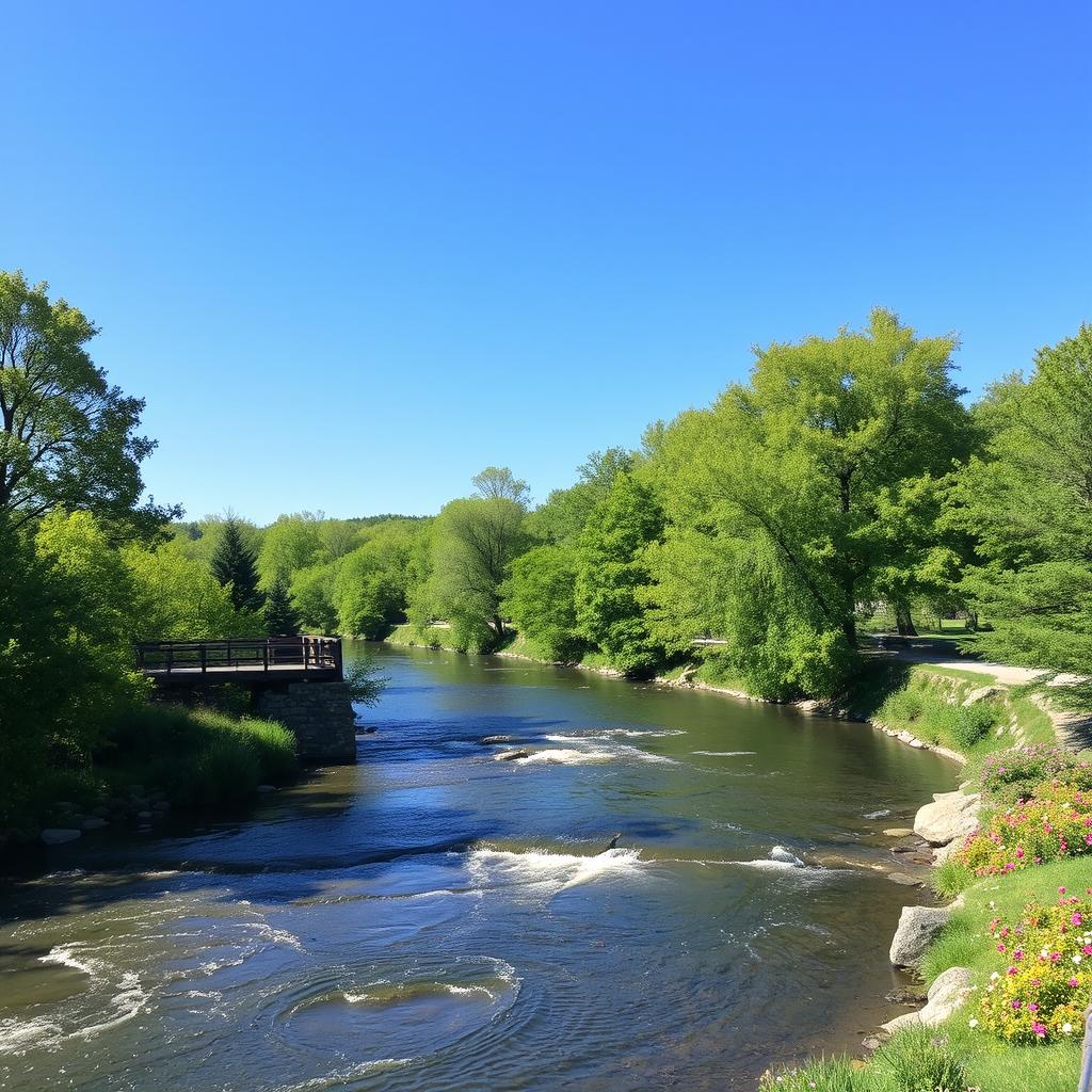 A serene landscape featuring a clear blue sky, a gently flowing river, and lush green trees