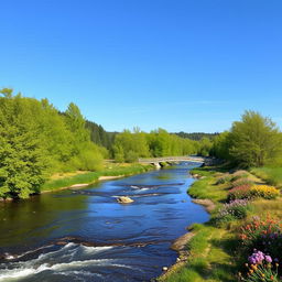 A serene landscape featuring a clear blue sky, a gently flowing river, and lush green trees