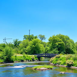 A serene landscape featuring a clear blue sky, a gently flowing river, and lush green trees