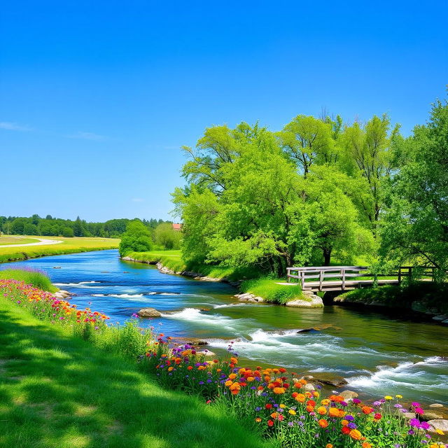 A serene landscape featuring a clear blue sky, a gently flowing river, and lush green trees