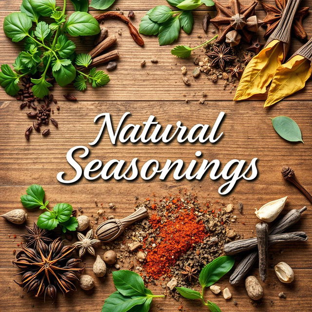 A captivating cover image featuring various natural seasonings such as fresh herbs, spices, and dried leaves