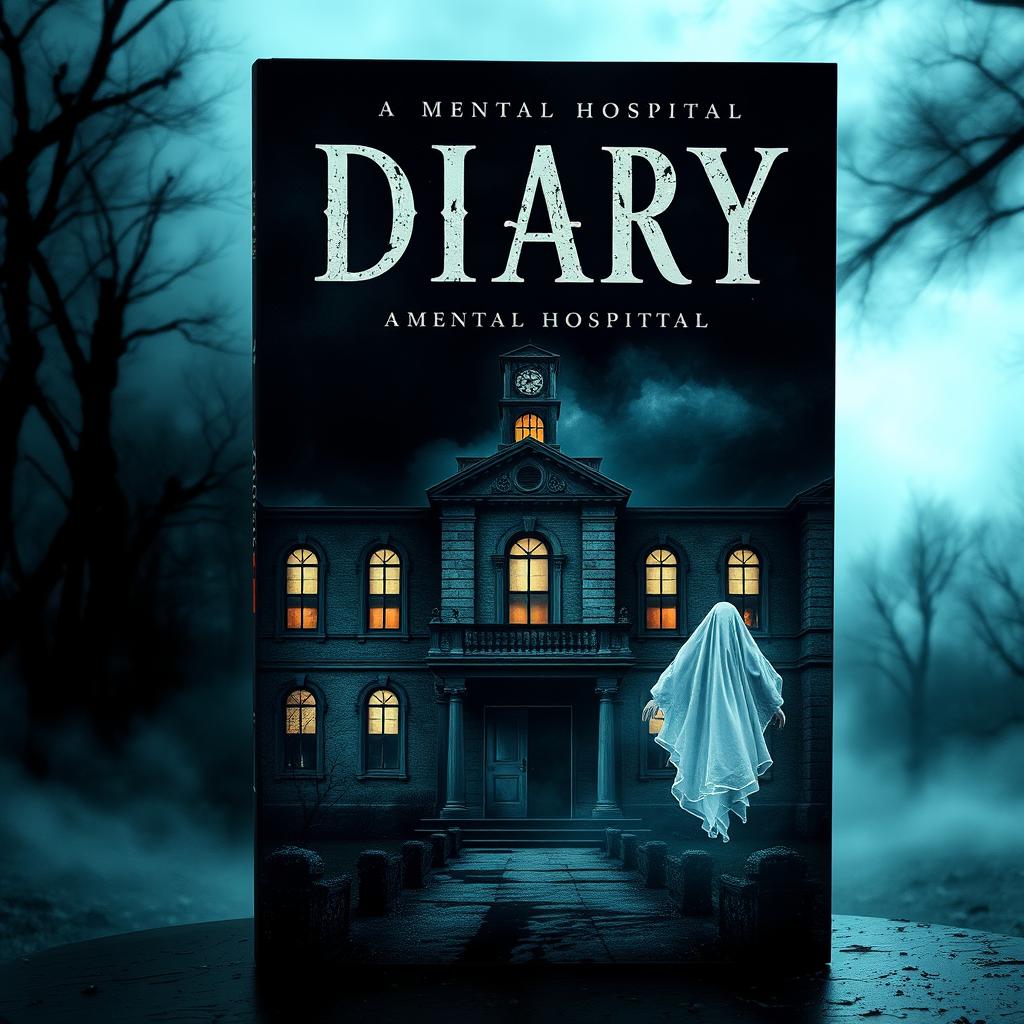 Create a book cover for a novel titled 'Diary' that revolves around a mental hospital and ghosts