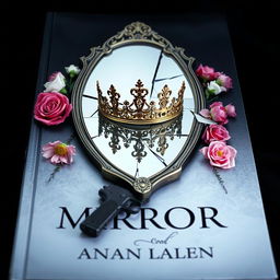 Create a book cover featuring a broken mirror with a crown placed on top of it