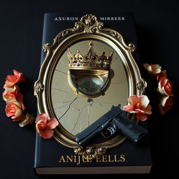 Create a book cover featuring a broken mirror with a crown placed on top of it