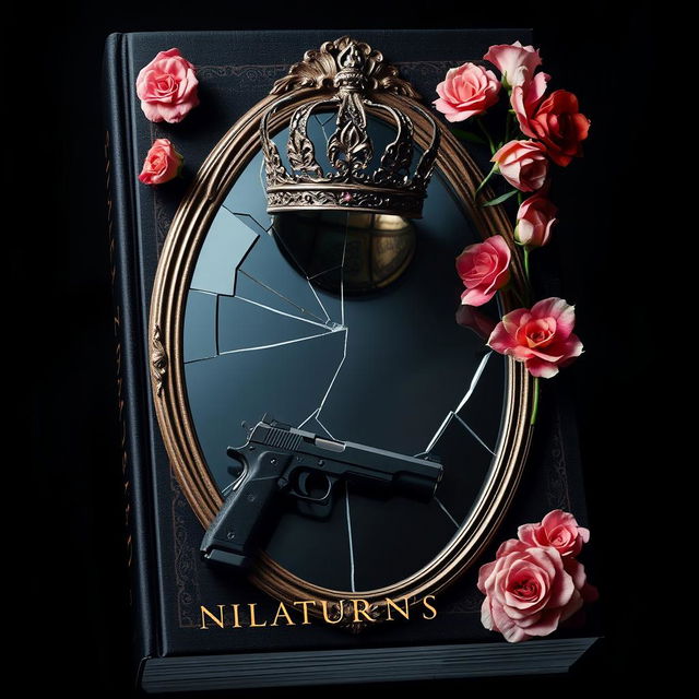 Create a book cover featuring a broken mirror with a crown on top of it