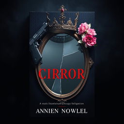 Create a book cover featuring a broken mirror with a crown on top of it