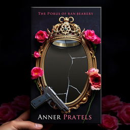 Create a book cover featuring a broken mirror with a crown on top of it