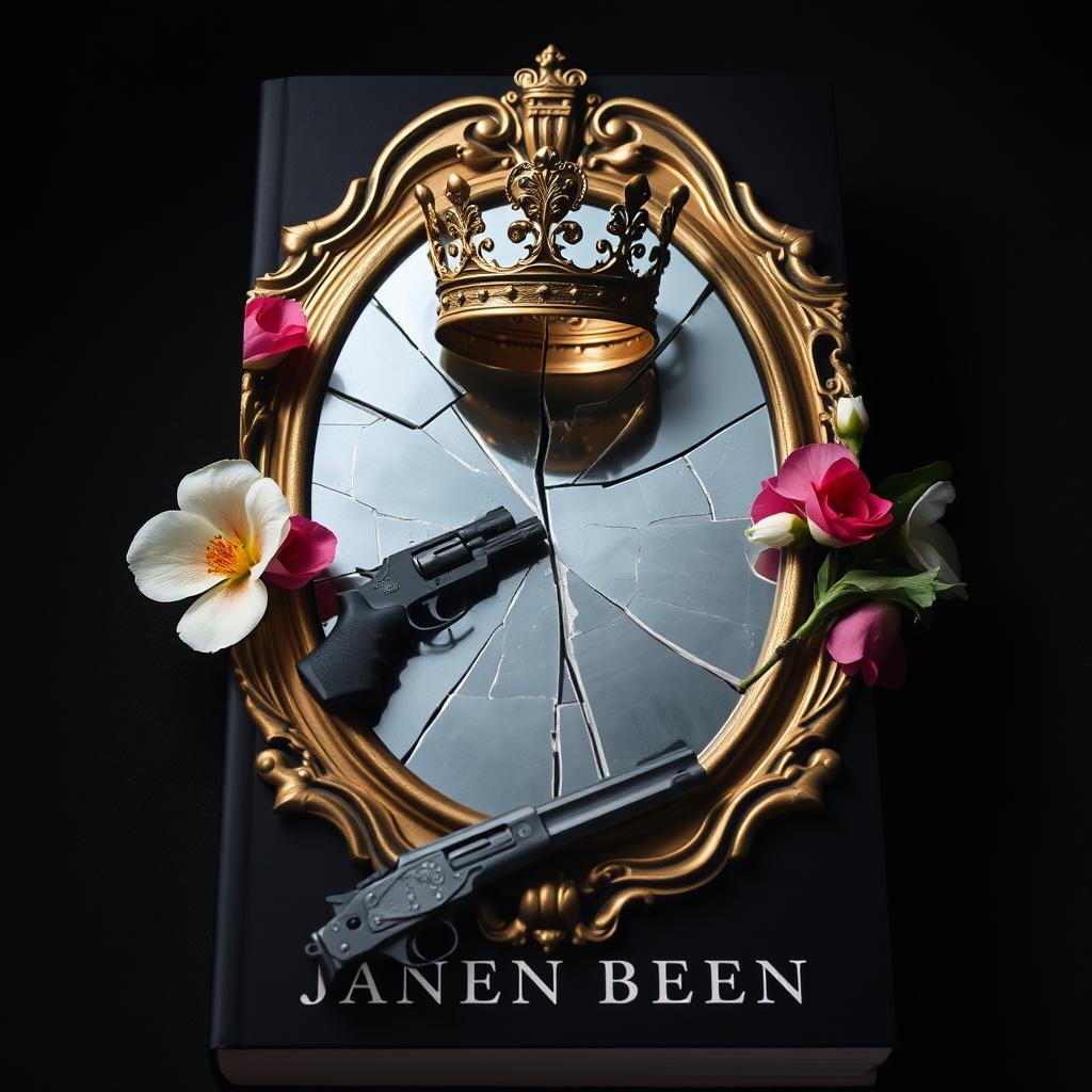 Create a book cover featuring a broken mirror with a crown on top of it