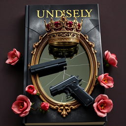 Create a book cover featuring a broken mirror with a crown placed on top of it