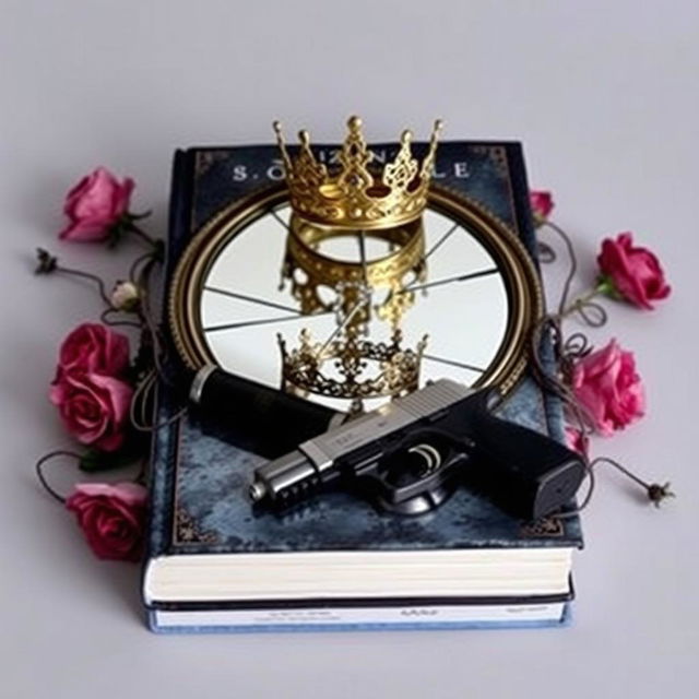 Create a book cover featuring a broken mirror with a crown placed on top of it