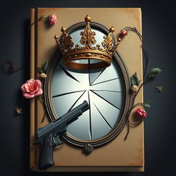 Design a book cover featuring a broken mirror with a crown placed on top of it