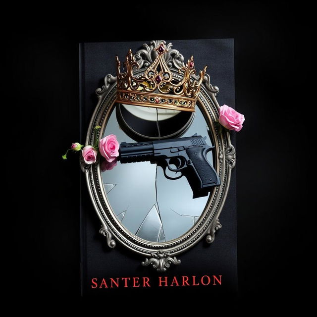 Design a book cover featuring a broken mirror with a crown placed on top of it