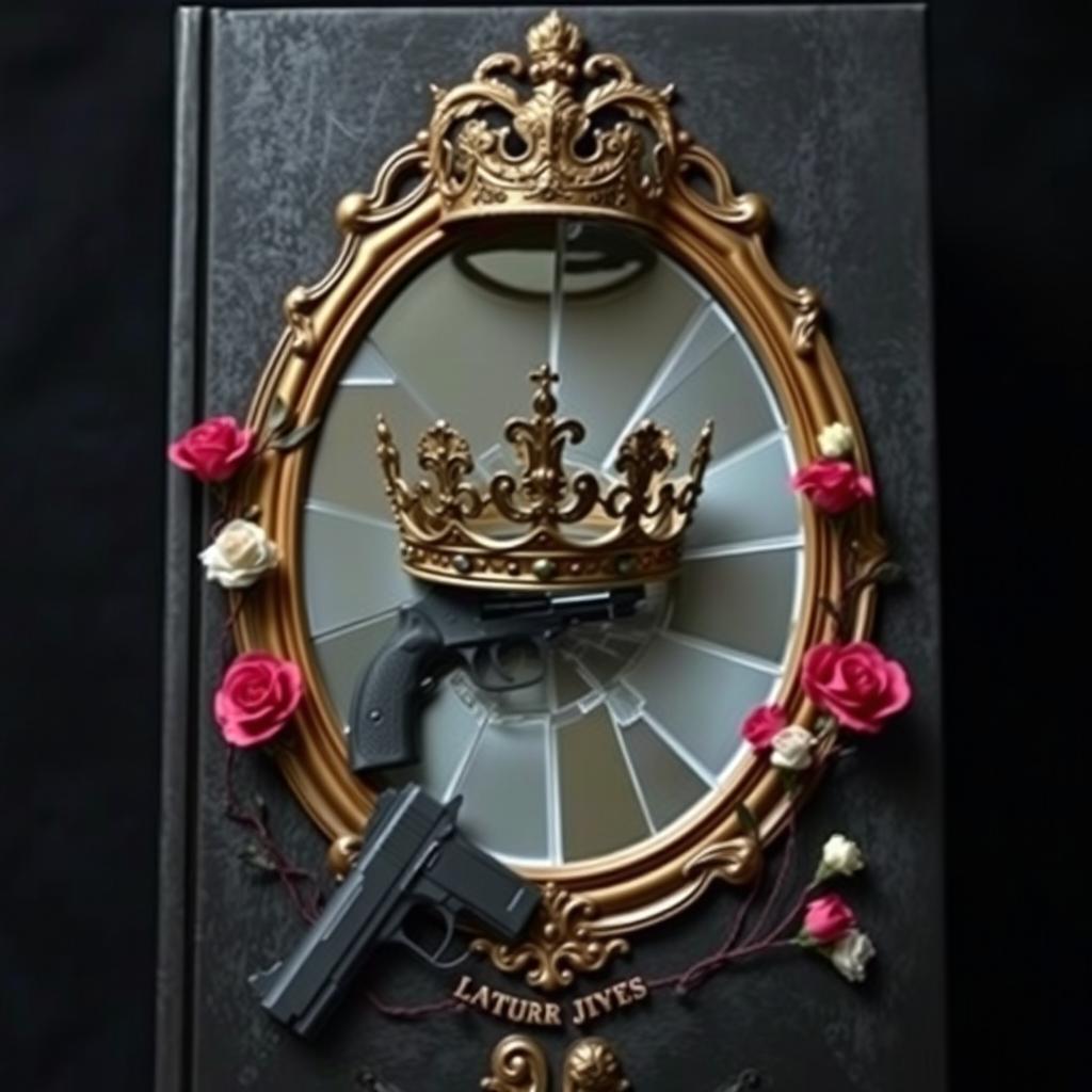 Create a book cover featuring a broken mirror with a crown resting on top of it