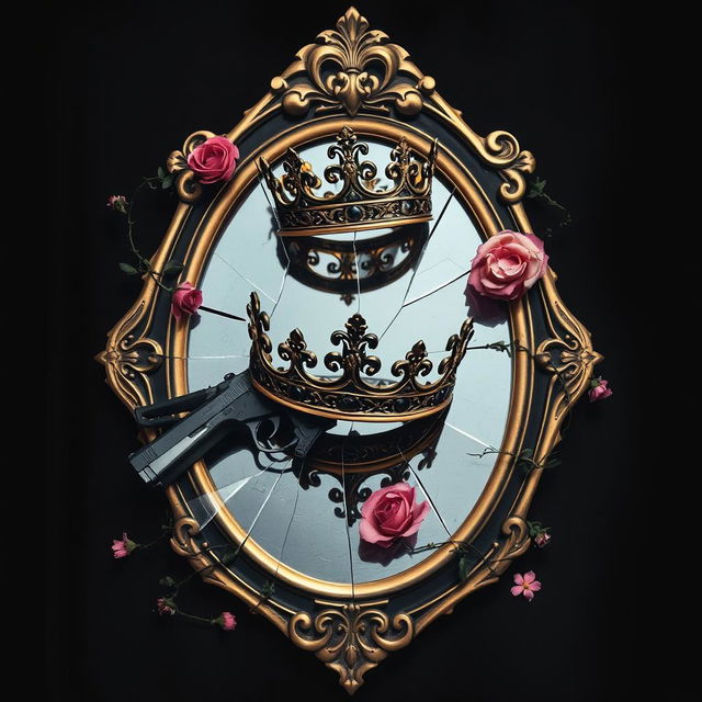 Create a book cover featuring a broken mirror with a crown resting on top of it