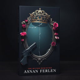 Create a book cover featuring a broken mirror with a crown on top of it