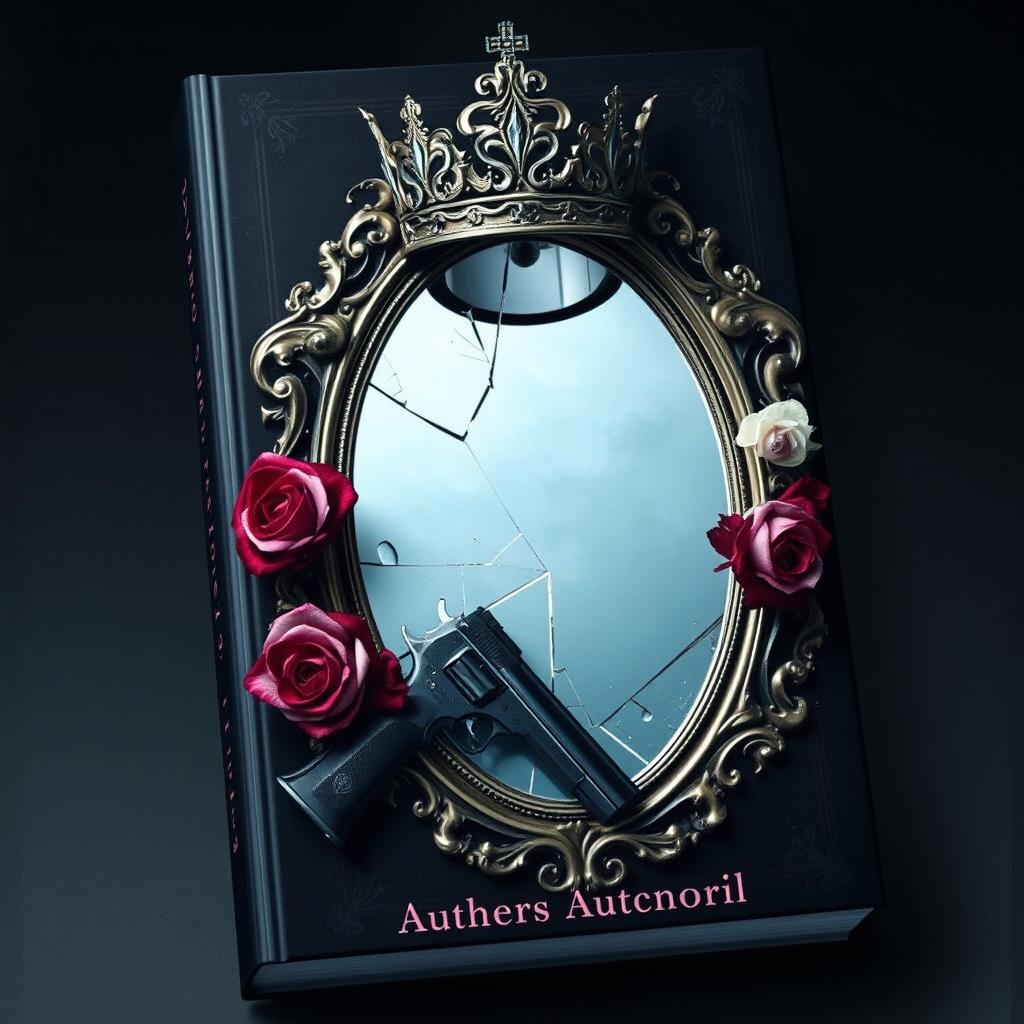 Create a book cover featuring a broken mirror with a crown on top of it