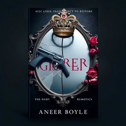 Create a book cover featuring a broken mirror with a crown on top of it