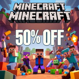 Create an animated YouTube thumbnail for Minecraft highlighting a 50% discount on the game