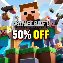 Create an animated YouTube thumbnail for Minecraft highlighting a 50% discount on the game