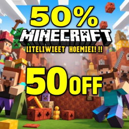 Create an animated YouTube thumbnail for Minecraft highlighting a 50% discount on the game