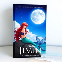 Book cover featuring Jimin with red hair and blue eyes, sitting on a rock with a mermaid tail on a beautiful beach