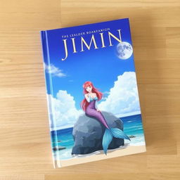 Book cover featuring Jimin with red hair and blue eyes, sitting on a rock with a mermaid tail on a beautiful beach