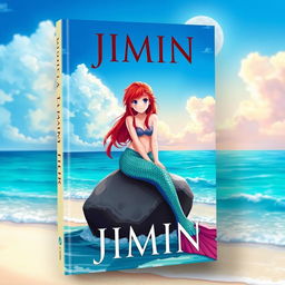 Book cover featuring Jimin with red hair and blue eyes, sitting on a rock with a mermaid tail on a beautiful beach