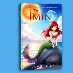 Book cover featuring Jimin with red hair and blue eyes, sitting on a rock with a mermaid tail on a beautiful beach